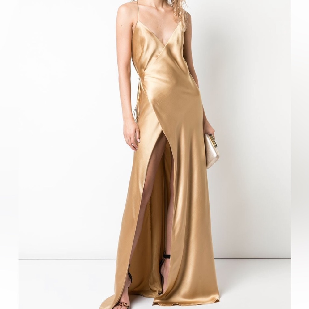 Michelle Mason gold silk strappy wrap gown, M